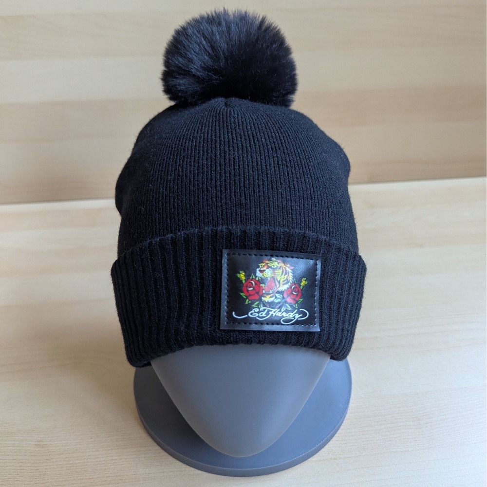 Ed Hardy Black Tiger Rose Tattoo Knit Beanie Hat with Faux Fur Pom Pom NWOT